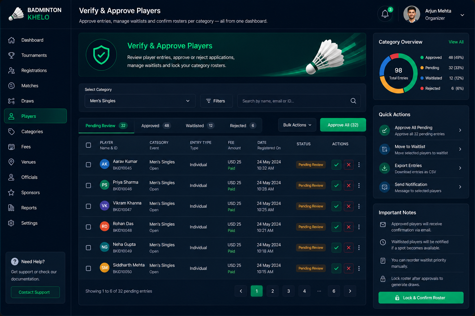 Verify & Approve Players